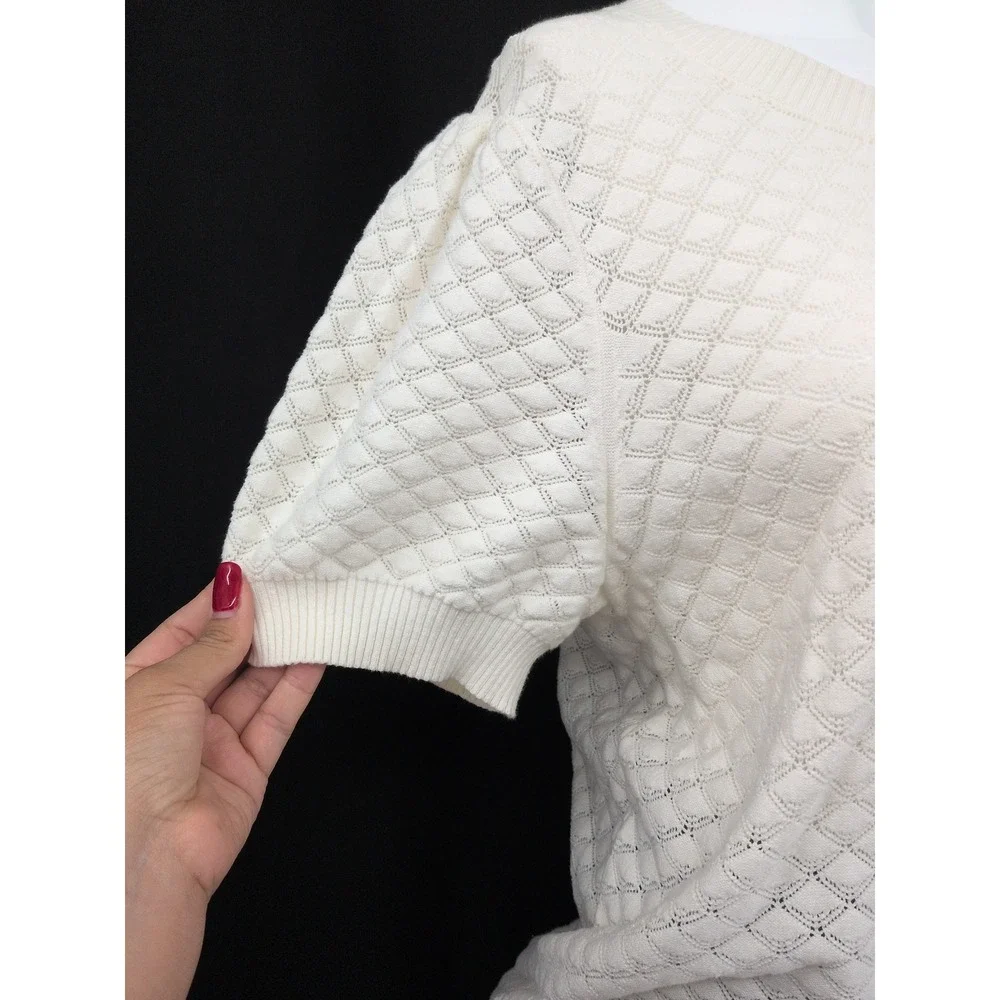 LOFT Ivory Pointelle Diamond Knit Top Puff Sleeve Feminine Cottage Dainty XLarge